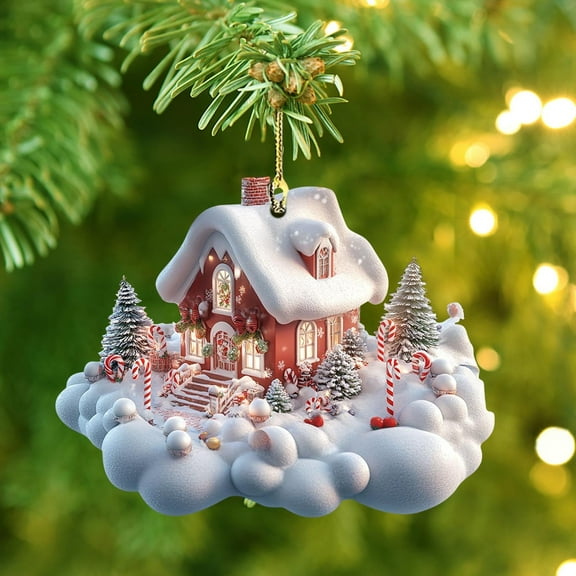 qILAKOG 9cm Natural Atmosphere Snow Village House Shaped Hanging Decoration Acrylic Small Statues as Winter Fairyland Decoration Holiday Gift