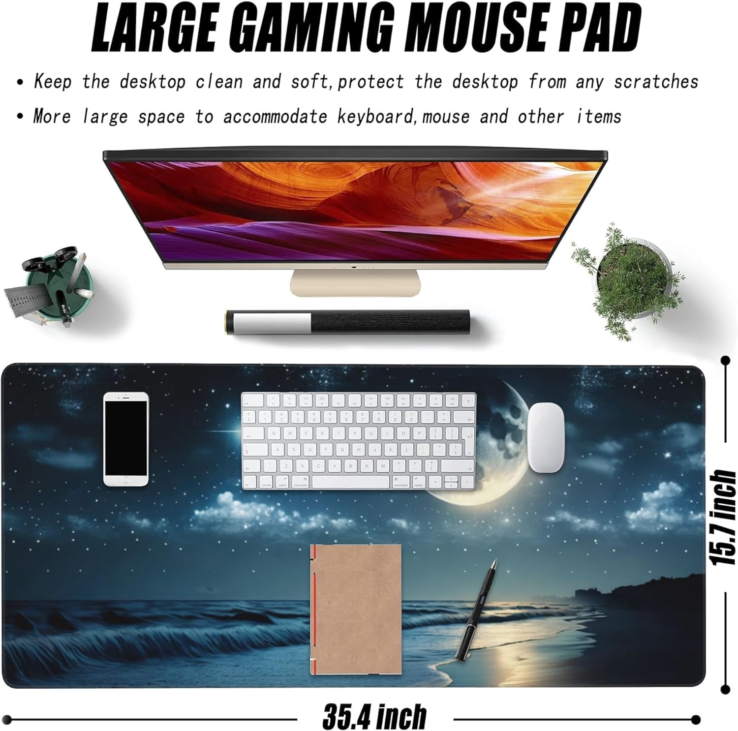 Desk Mat, Moon and Stars Above The Sea Extended Large Gaming Mouse Pad for Desk XXL, Non-Slip Rubber Base Stitched Edges Long Computer Keyboard Desk Pad Mouse Mat for Home Office Gaming 35.4"X15.7"