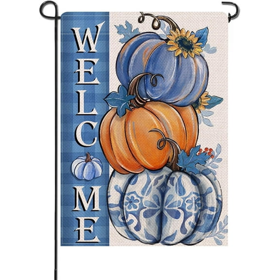 diyeu Welcome Fall Blue Pumpkin Small Decorative Garden Flag, Autumn Plaid Check Sunflower Yard Lawn Outside Decor, Thanksgiving Seasonal Burlap Outdoor Home Decoration Double Sided 12 x 18