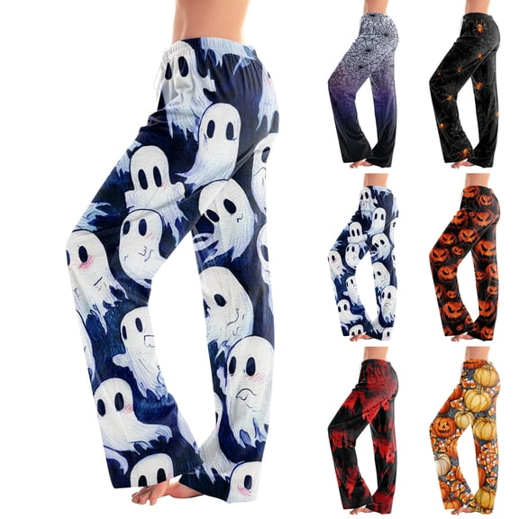 Halloween Pajamas Women Ladies Pumpkins Ghost Pajama Casual Elastic Waist Palazzo Pants Fall Pajamas