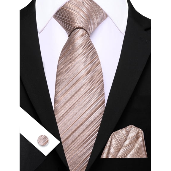 Barry.Wang Champagne Silk Ties for Men Sets Woven Pure Striped Formal Necktie Pocket Square Cufflinks Wedding Party 4PCS