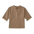 thumbnail image 1 of Linen Shirts Girl 3/4 Sleeve V Neck Blouses Buttons Loose Fit T Shirts Solid Color Summer Holiday Tops Clothes, 1 of 6