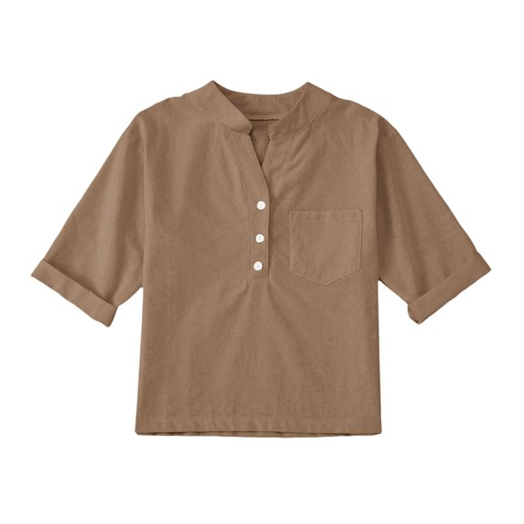uikmnh Cute Tops for Girls Linen V-Neck 3/4 Sleeve Blouse Button Down Casual Loose Fit Tee Solid Summer Holiday Top Size:10-11 Years