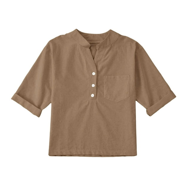 Xuewenshw Linen Shirts For Girl 3/4 Sleeve V Neck Blouses Buttons Loose Fit T Shirts Solid Color Summer Holiday Tops Girl Ruffle Outfits
