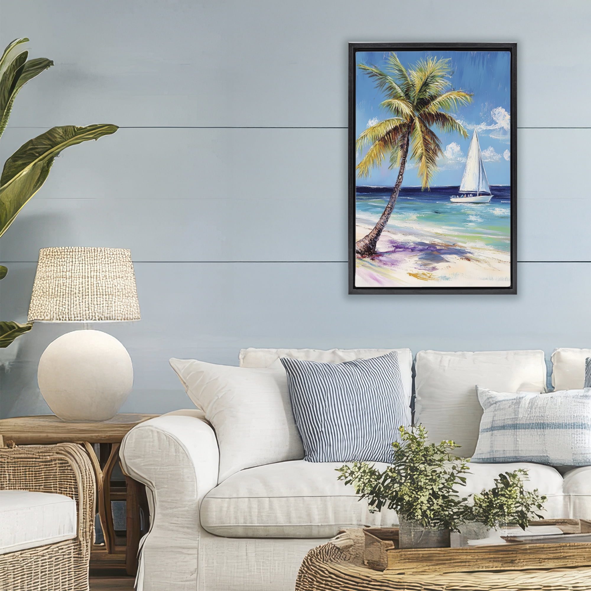 Stupell Industries Sailboat Delight with Palm Tree Black Framed Floater Canvas Wall Art, design by Petal Prints Design
