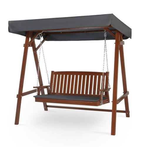 Zimtown Teak-Finished Fir Patio Swing Set, 2-Person Porch Swing with Canopy & Cushion for Outdoor Use