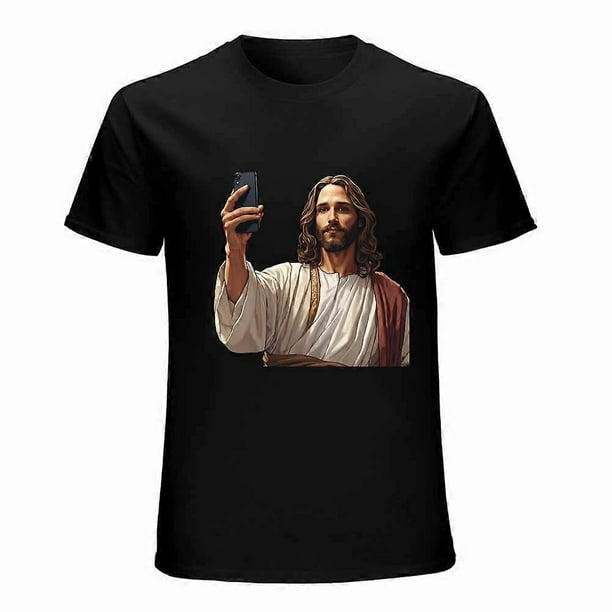 Selfie Jesus with Smartphone T-shirt Jesus Retro Artistic Graphic Tee Short Sleeve Funny Unisex Top