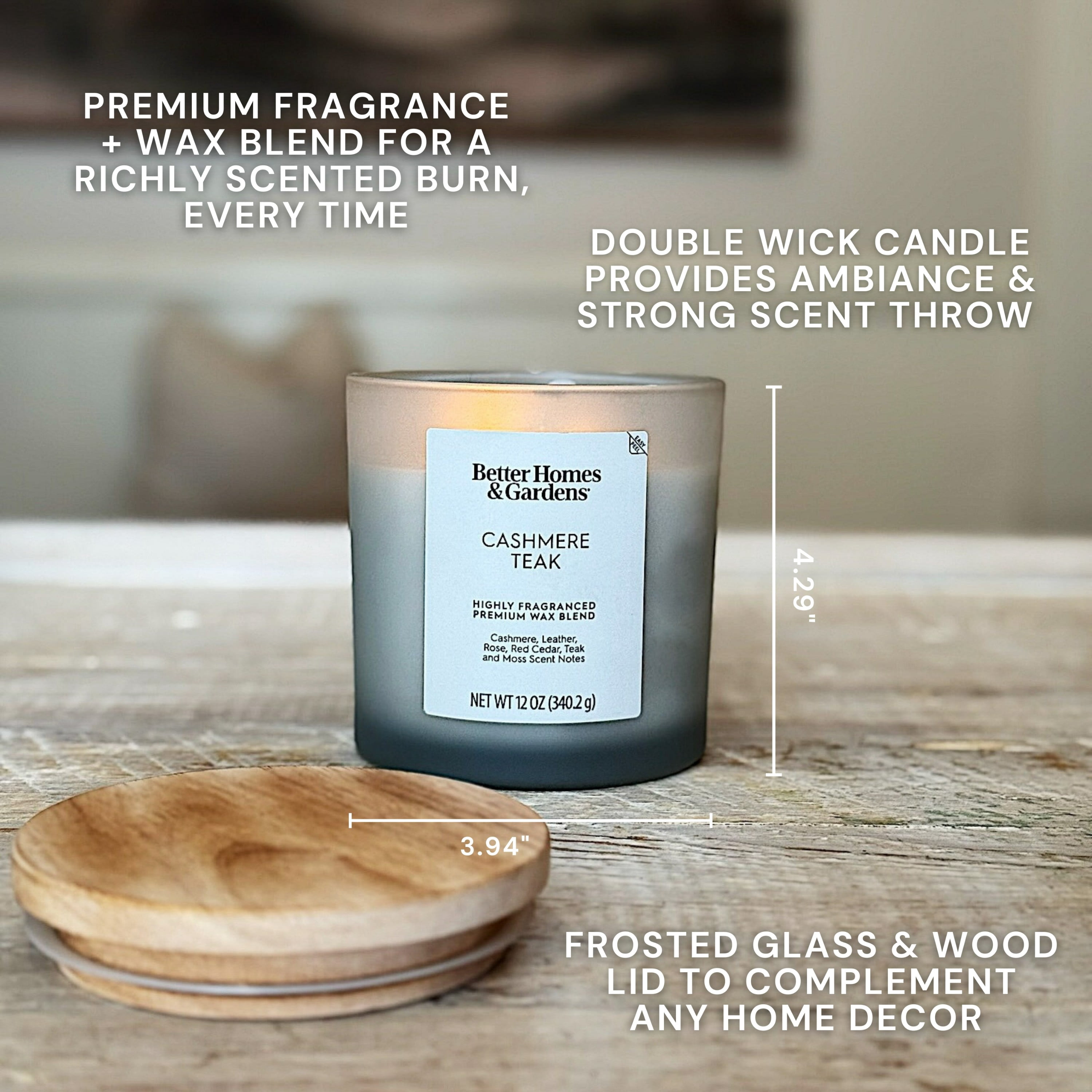 (4 pack) Better Homes and Gardens Cashmere Teak Scented 2-Wick Frosted Jar Candle 12oz.