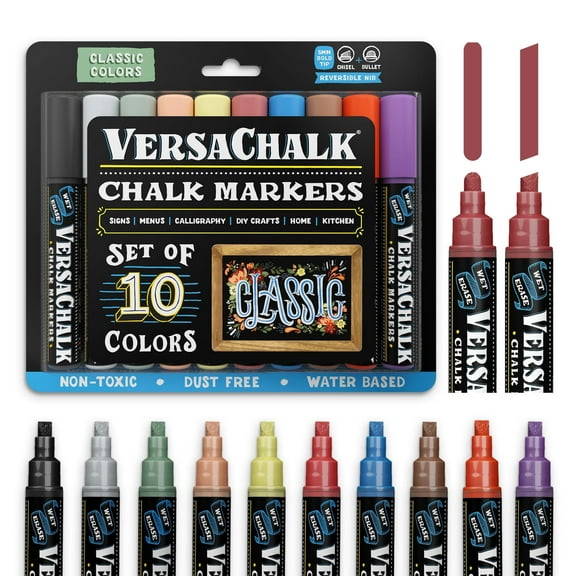 VersaChalk Classic Chalk Markers, 10-Pack, 5mm Bold Tip, Wet-Erase, Non-Toxic