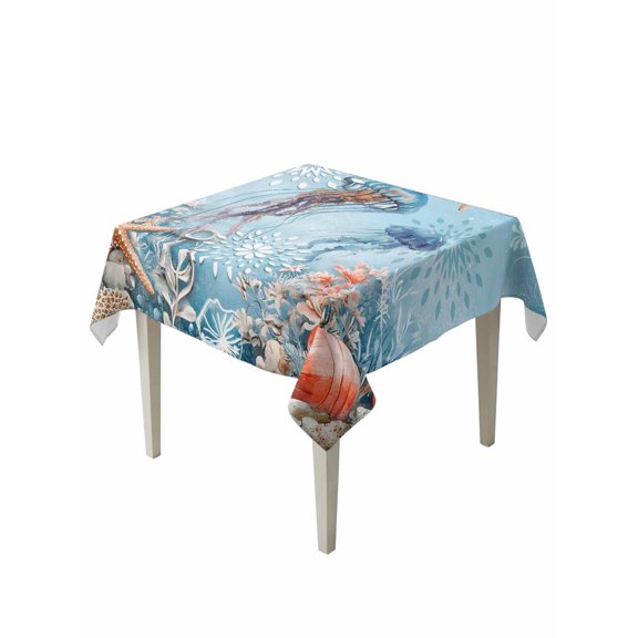 Blue Coastal Jellyfish Suqare Tablecloth - 54 x 54 Inch, Summer Beach Starfish Botanical Waterproof & StainResistant Tablecloth, Washable Oil-proof Table Cover for Dining/Party/Wedding/Camping/Buffet