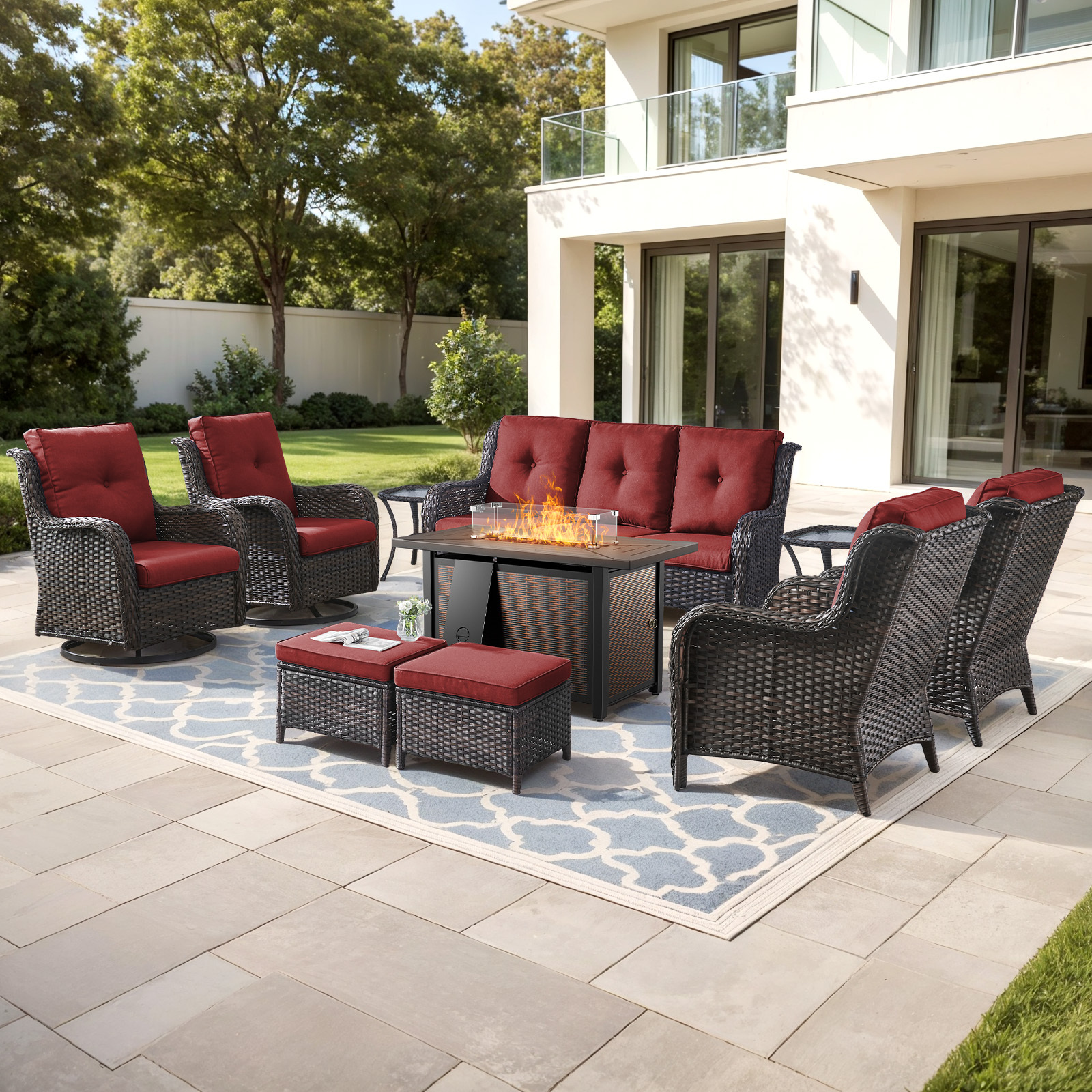 Bellefurn 10 Pieces Patio Furniture Sets with Fire Pit Table and Swivel Rocker,High-Back Rattan Patio Outdoor Conversation Set with 3-Seat Sofa,Ottoman & Side Table for Porch Backyard