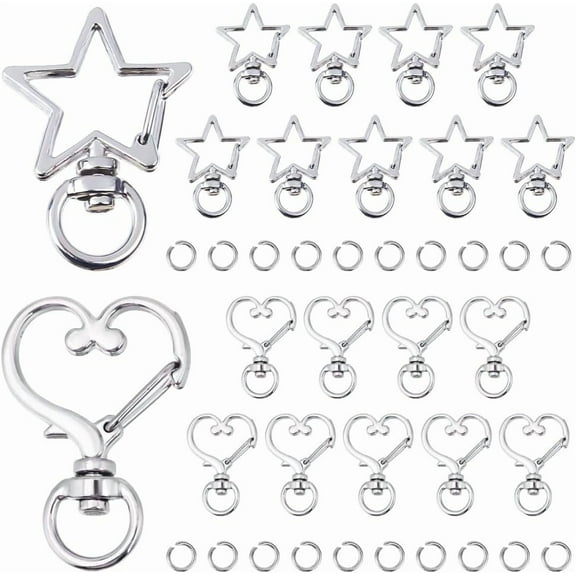 1 Box 20 Sets 2 Styles Heart Keychain Clasp Swivel Buckle Clip with Open Jump Rings Alloy Star Split Lanyard Push Gate Spring Key Chain Making Findings