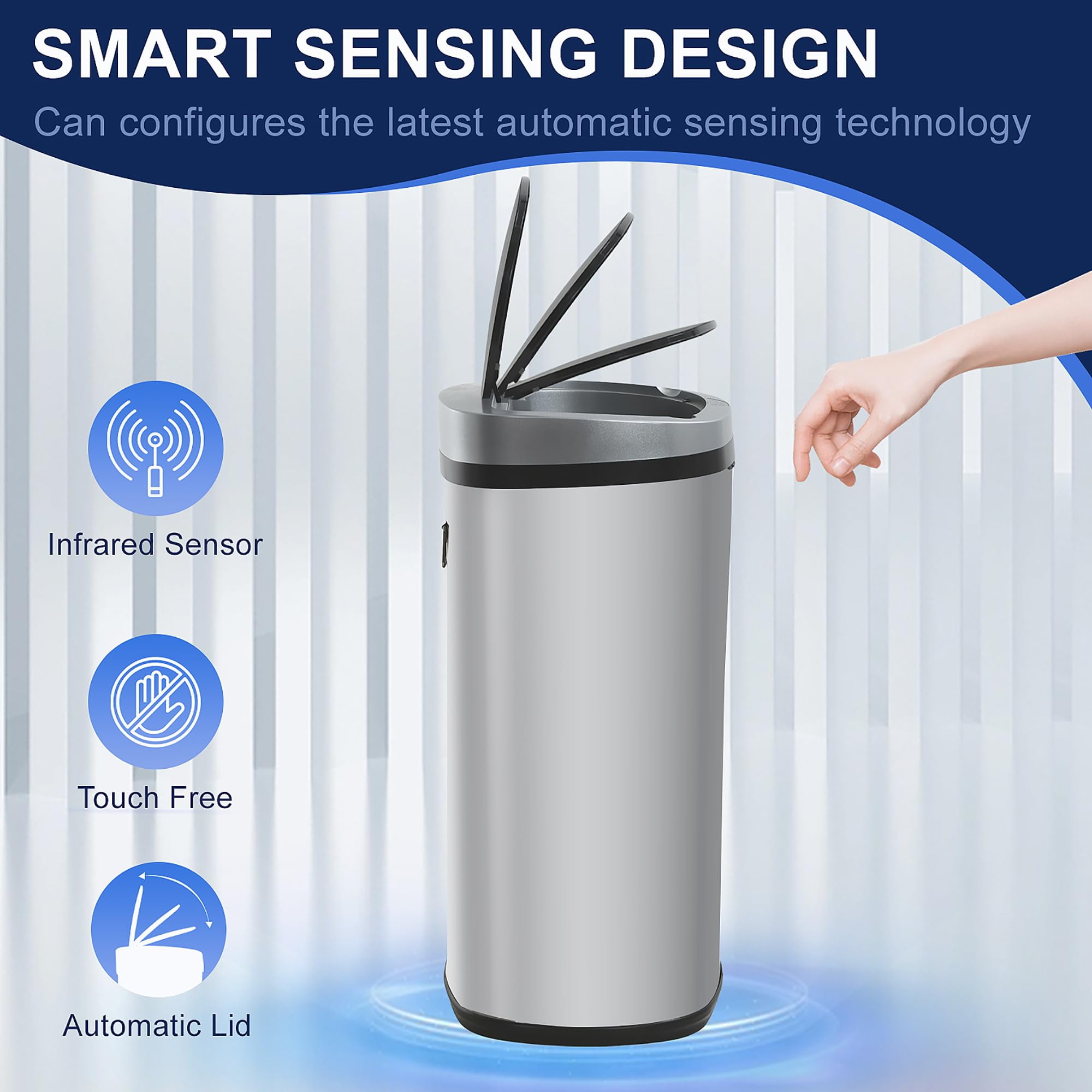 YRLLENSDAN Kitchen Tall Trash Can 13 Gallon Size Touchless Trash Can Motion Sensor Trash Can with Lid Odor-free Automatic Garbage Can 13 Gallon Waterproof Stainless Steel Trash Bin, Silver