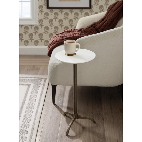 Kate and Laurel Henshall Mid-Century Marble Round Side Table, 12 x 12 x 24, White Marble and Bronze, Cast Aluminum Sculptural Indoor Plant Stand with Tripod Base for End Table or Bedroom Nightstand