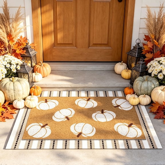 Fall Door Mat Set, Layered Fall Porch Rug with Pumpkin Design, Halloween Door Mat for Front Door Porch Entryway, Neutral Autumn Welcome Rug for Indoor Outdoor Home Decor