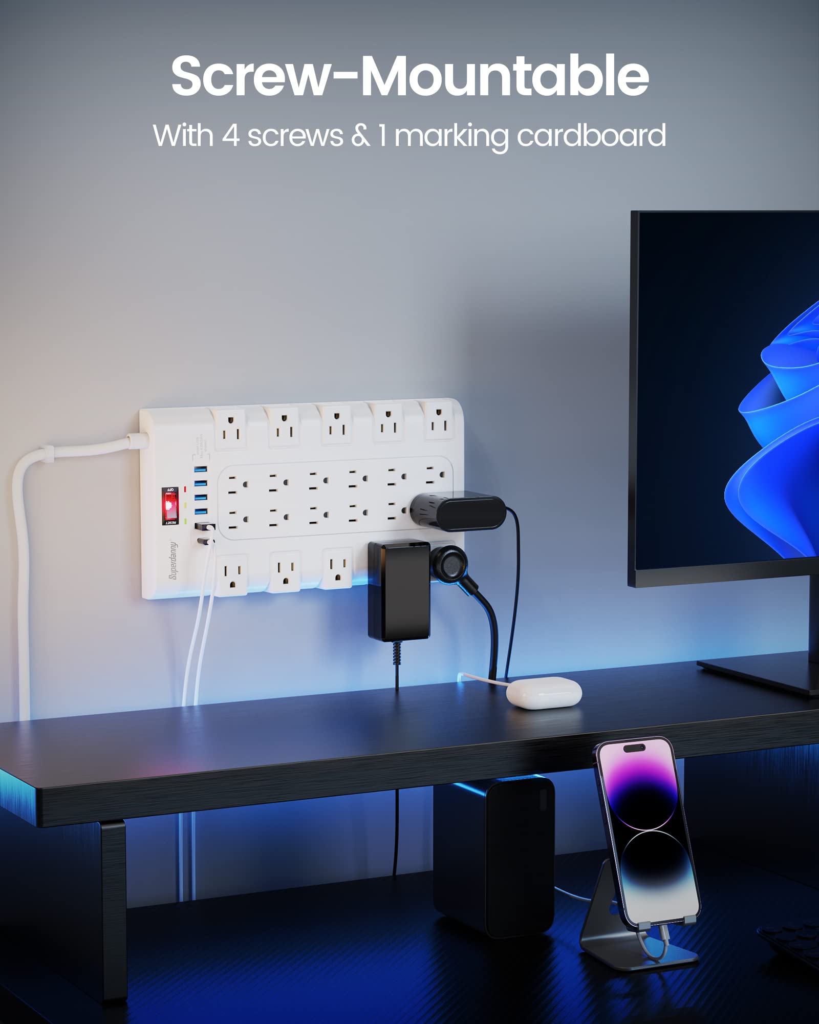 SUPERDANNY Surge Protector Power Strip with 22 AC Outlets and 6 USB Ports 6.5Ft Extension Cord White