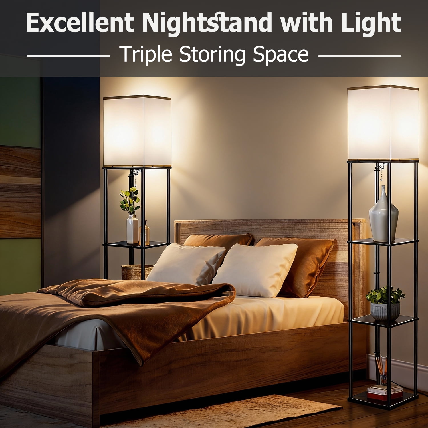 Coliware 63" Black Floor Lamp with Shelves, 3-Tier Wood Modern Standing Lamp with 3 Adjustable Color Temperature, Corner Display Bookshelf for Living Room Bedroom, LED
