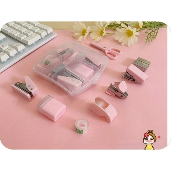 LNGOOR Ensemble de 8 Pcs Couleurs Macaron Créatives Mini Agrafeuse Perforatrice Retire-Agrafes Distributeur de Ruban Rouleau de Ruban Porte-Crayon Ciseaux 500 Pcs Agrafes Papeterie Ensemble de Bureau Plastique Transparent