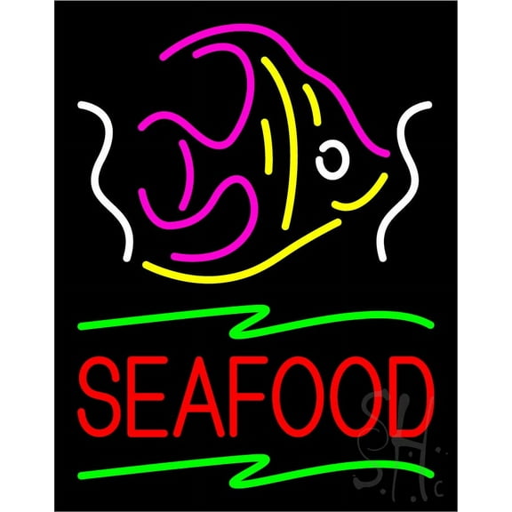 Red Seafood Logo Yellow LED Neon Sign 24 x 31 - inches, Black Square Cut Acrylic Backing, with Dimmer - Bright and Premium built indoor LED Neon Sign for restaurant window and interior decor.