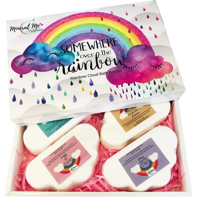 Bombas de baño arcoíris para niños: bombas de baño de burbujas naturales y orgánicas con manteca de karité hidratante y aceites naturales, 4 bombas de baño grandes de nube de unicornio para niñas, niñ
