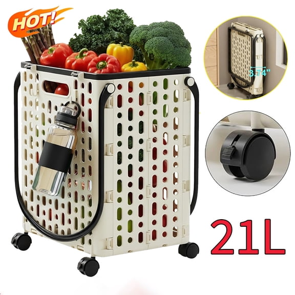 Lightweight Foldable Utility Cart, 21L Capacity with 360° Swivel Wheels & Hooks, Portable Shopping Grocery Wagon for Home, Supermarket, Travel