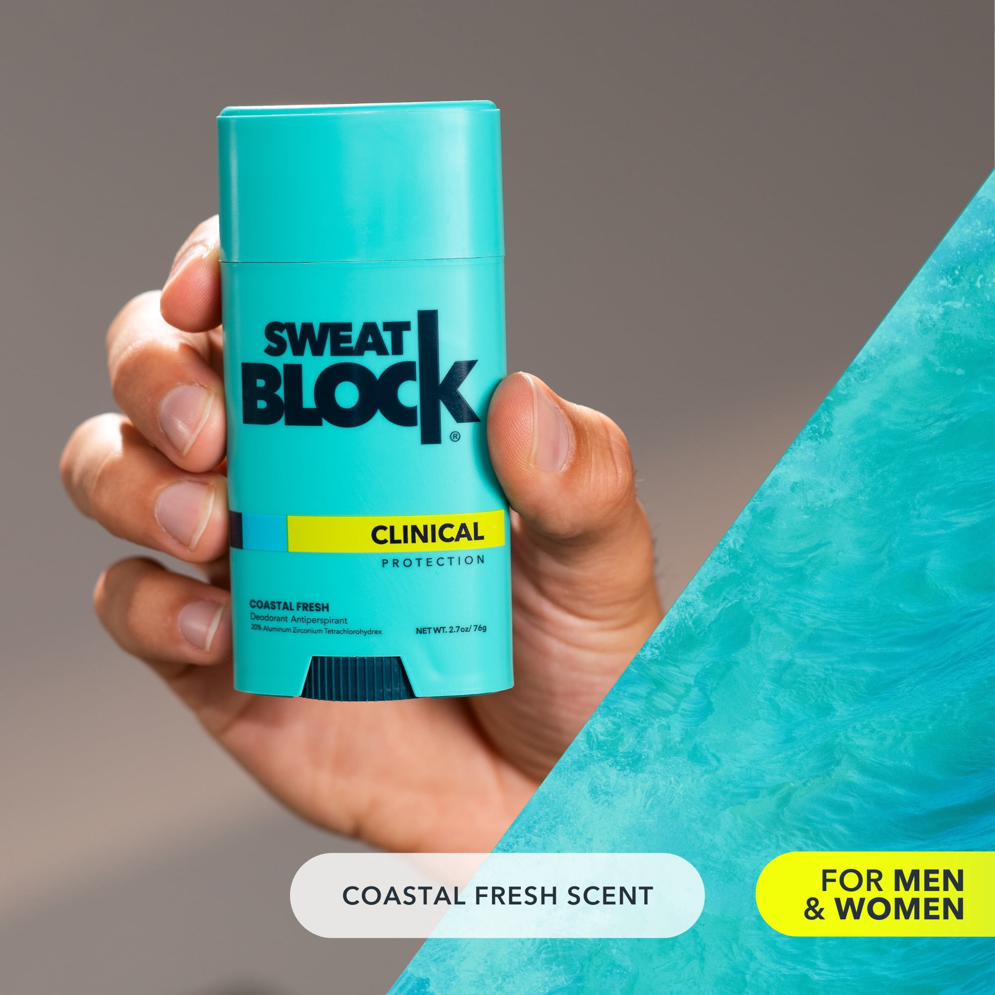 SweatBlock CLINICAL Deodorant Antiperspirant for Women & Men - 48-Hour High Degree Sweat & Odor Protection, Coastal Fresh Scent (2 Pack)
