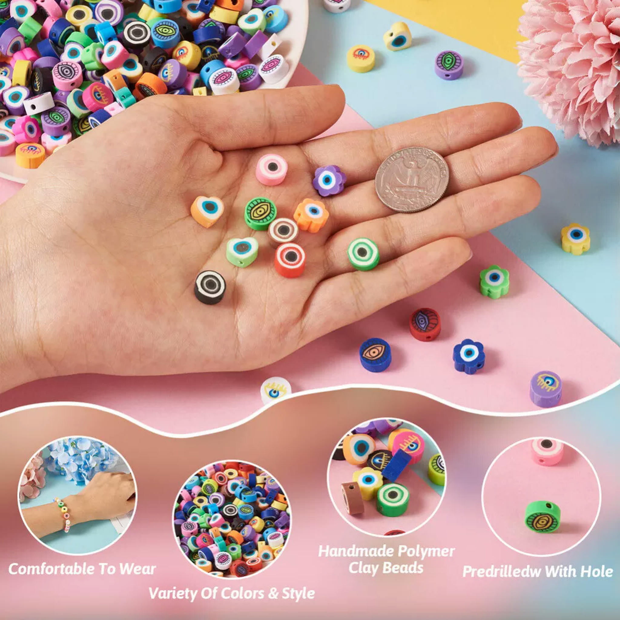 U8MO 250Pcs Flat Round Flower Heart with Evil Eye Handmade Polymer Clay Beads 8~10mm