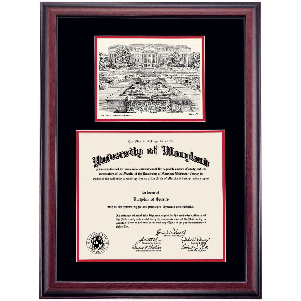 OCM Diploma Frame for University of Maryland UMD, Black/Cherry Mat with