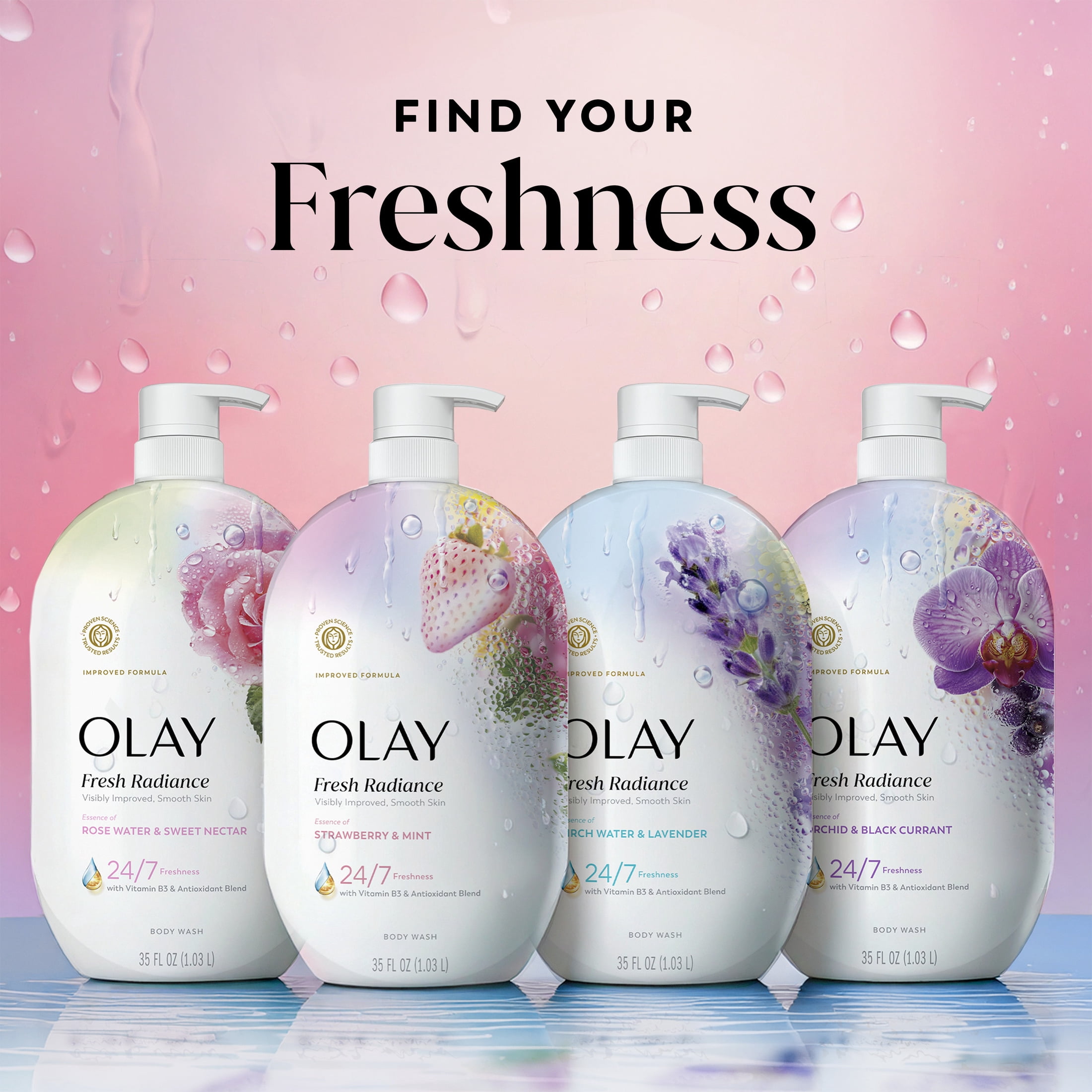 (4 pack) Olay Fresh Radiance Body Wash, Strawberry & Mint, with Vitamin B3, 35oz