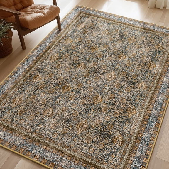Phantoscope 6'x9' Washable Large Area Rug Indoor Vintage Floral Distressed Carpet Non-Slip Low Profile Rug for Living Room Dining Room Bedroom, Dark Coffee