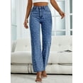 thumbnail image 3 of Women's Straight Leg Jeans Classic Mid Waist Non Stretch Denim Pants With Pearl Rhinestones, 3 of 7