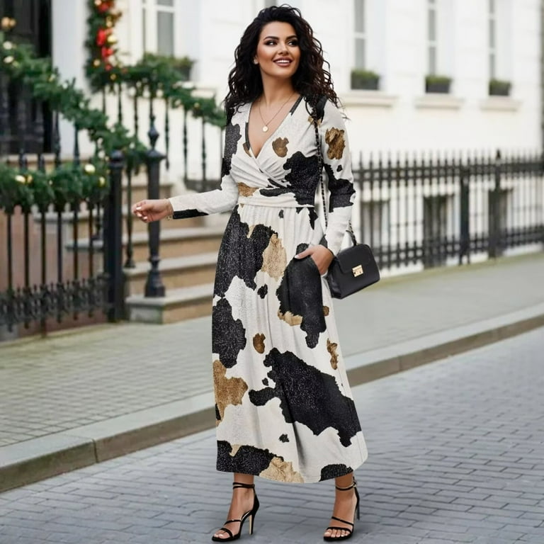Fkelyi Black Cow Print Fall Maxi Dress for Women Long Sleeve A-Line Flowy Dresses with Side Pockets V Neck Casual Dress for Spring Winter, XL Fkelyi Black Cow Print Fall Maxi Dress for Women Long Sleeve A-Line Flowy Dresses with Side Pockets V Neck Casual Dress for Spring Winter, XL