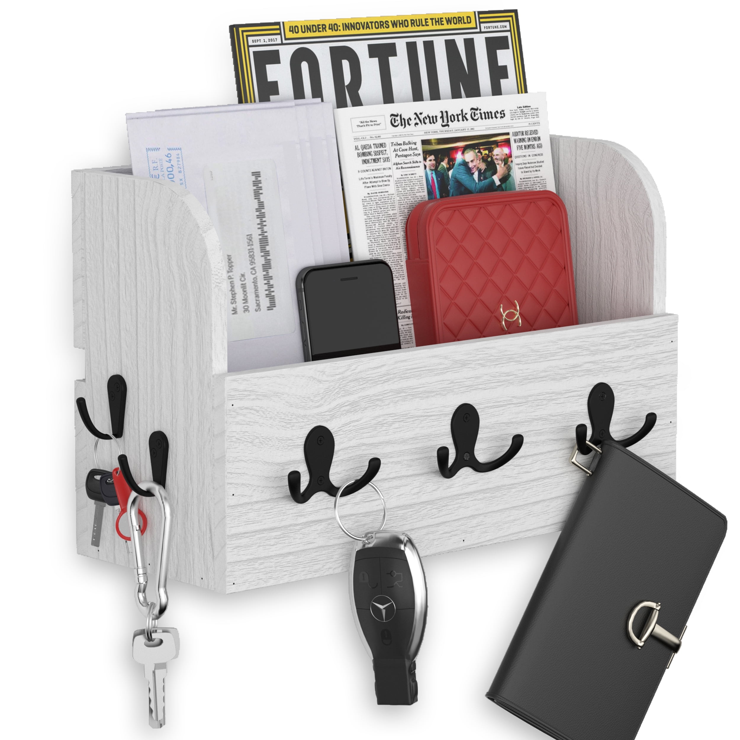 Wallniture Ohio Entryway Mail Organizer Shelf with Hooks Wall Mount