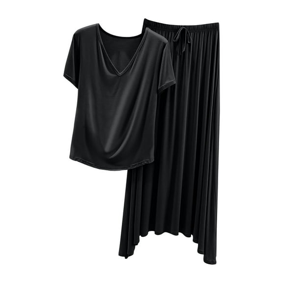 Ruimatai Women Casual V-Neck Short Sleeve T-Shirt & Skirt Set Loose Comfortable Polyester Two-Piece Outfit All Season Wear