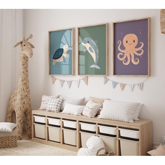 Ocean Animals Nursery Wall Art Room Prints Colorful Sea Turtle Dolphin Octopus Set 3 Unframed Paper Print 8x12