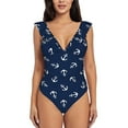 thumbnail image 2 of Yiaed Nautical Themed Simple Anchors Print Women's Ruffled One Piece Swimsuit V Neck Swimwear Slimming Monokini for Woman-Medium, 2 of 8