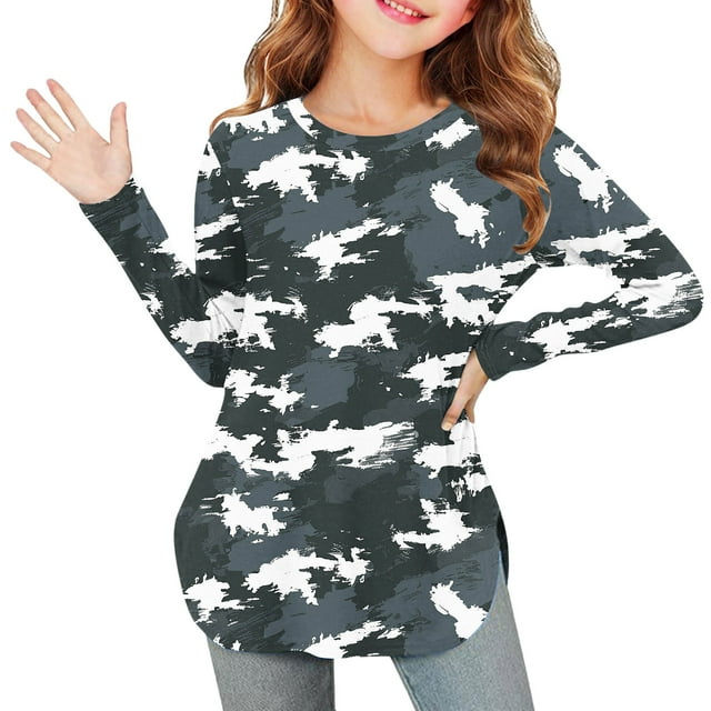YUNAFFT T-Shirt Camouflage à Manches Longues pour Filles avec Fentes Latérales Confort Extensible Col Rond Haut Décontracté 4-12 Ans