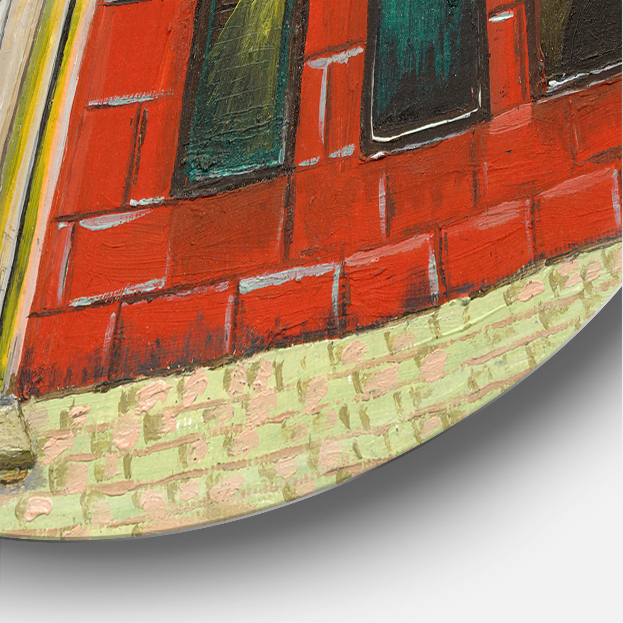 Designart 'Vintage Red Facade of Shop In Paris II' French Country Circle Metal Wall Art 23x23 - Disc of 23