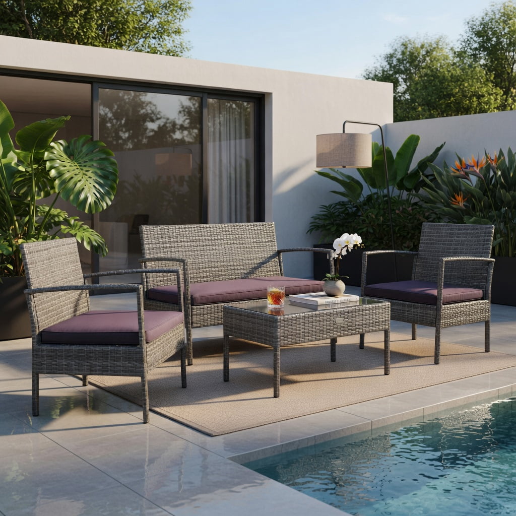 Hommoo 4-Piece Outdoor Rattan Patio Conversation Set with Steel Frame, Thick Cushions & Tempered Glass Coffee Table for Backyard, Poolside & Balcony, Gray