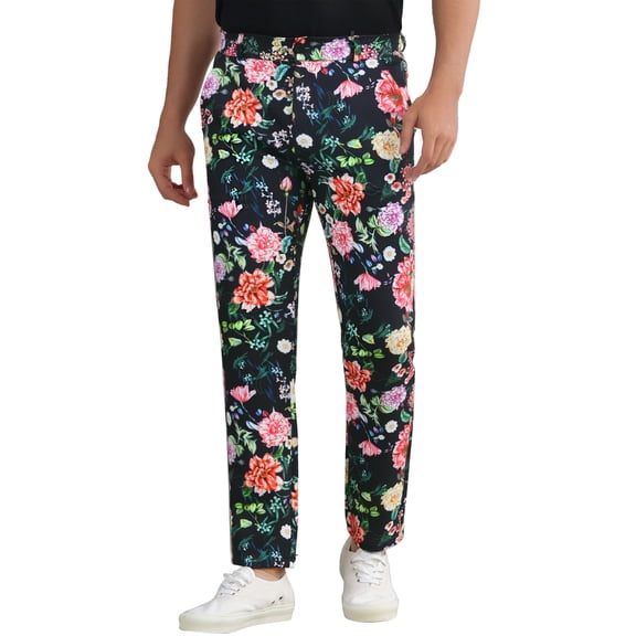 INSPIRE CHIC Men's Pants Floral Print Flat Front Straight Leg Trouser 28 Black