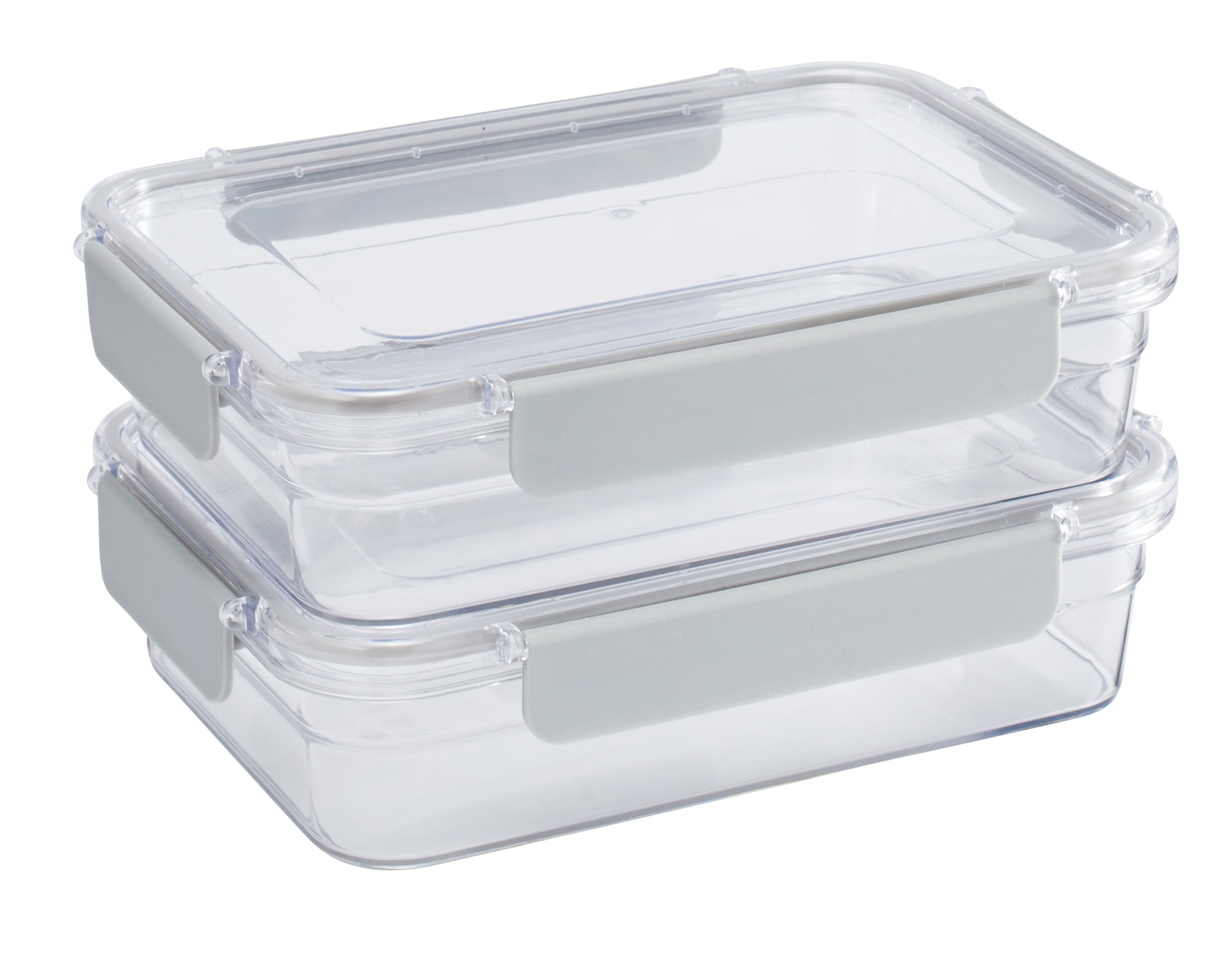 Mainstays 2PK 1300ML Rectangualr Tritan Food Storage Container, Clear Lid & Container, Light Grey Latches