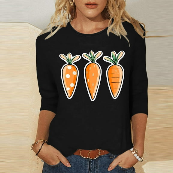 Fartey Cute Graphic Tees for Women Plus Size Easter Shirts Casual Loose 3/4 Sleeve Tunic Tops Soft Comfy Spring Summer Crew Neck T Shirts Black S-5XL
