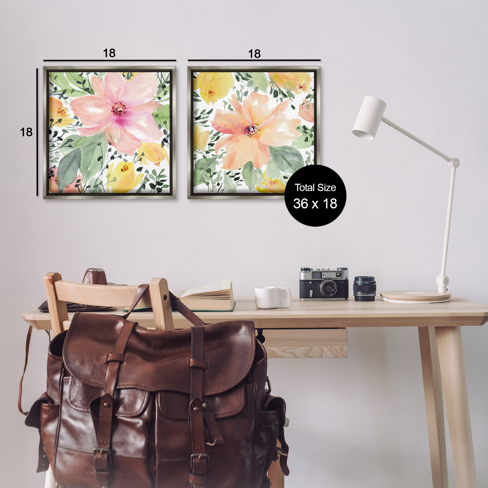 Stupell Industries Large Pink and Coral Bloom Plants & Flowers Painting Gray Floater Framed Canvas Art Print Wall Art, 18 x 18, Set of 2