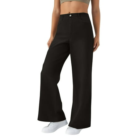 Prdecexlu Womens Pull on Jeans High Waisted Vintage Straight Leg Casual Denim Pants Baggy Solid Color Stretch Trendy Trousers with Pockets Black M