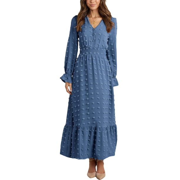 Lucakuins Vestido Largo para Mujer, Vestido de Manga Larga con Cuello en V Jacquard Vestido Suelto con Columpio Vestido Casual para Diario Lucakuins moda