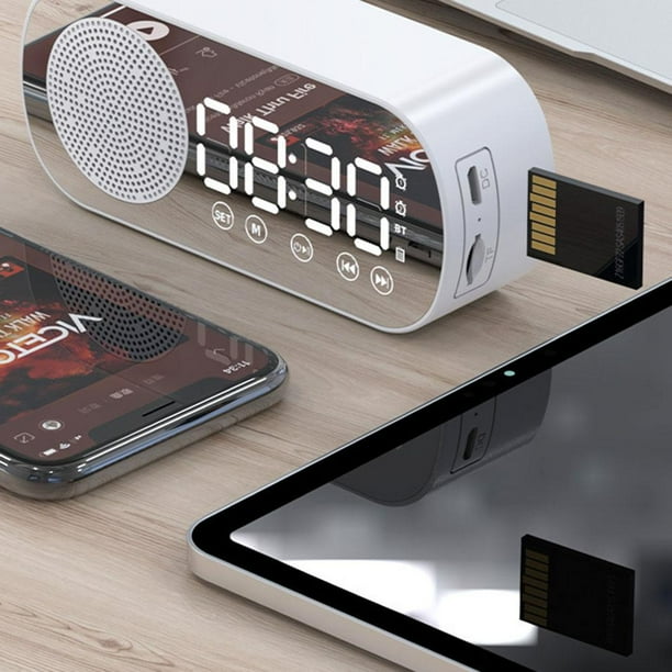 Reloj de superficie de espejo con altavoz multifuncional compatible con Bluetooth (blanco)
