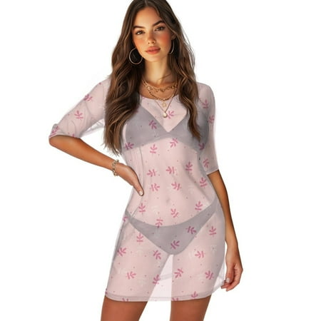 FKELYI Pink Leaf Print Women s Swimsuit Coverup Round Neck Bathing Suit Cover Ups Casual Half Sleeve Cover-Up Bikini Beach Dress for Summer Vacation Party Outfits  2XL