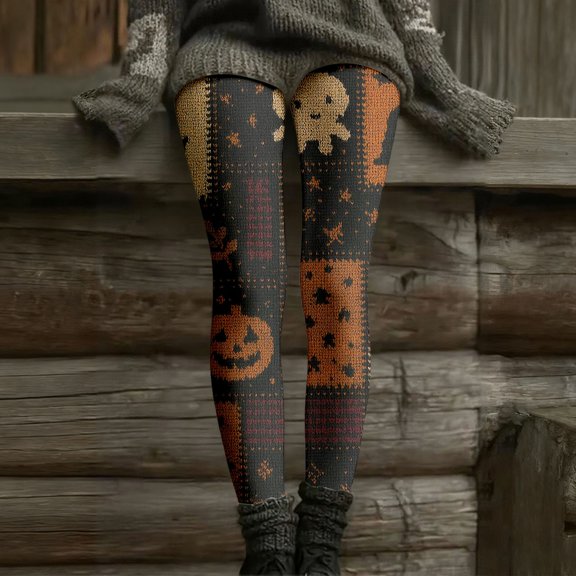 Rggeeun Halloween Leggings for Women Soft Yoga Pants Pumpkin Graphic Elastic Waist Womens Fall Clothes Running Stylish,Orange,S