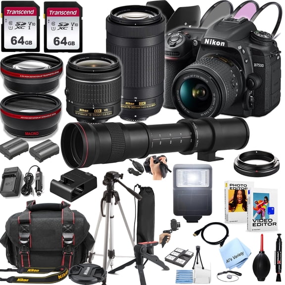 Nikon D7500 DSLR Camera Kit with 18-55mm VR & 70-300mm Lenses   420-800mm Lens   128GB Memory, Spare Battery, Filters,Case, Tripod, Flash, and More (46pc Bundle)