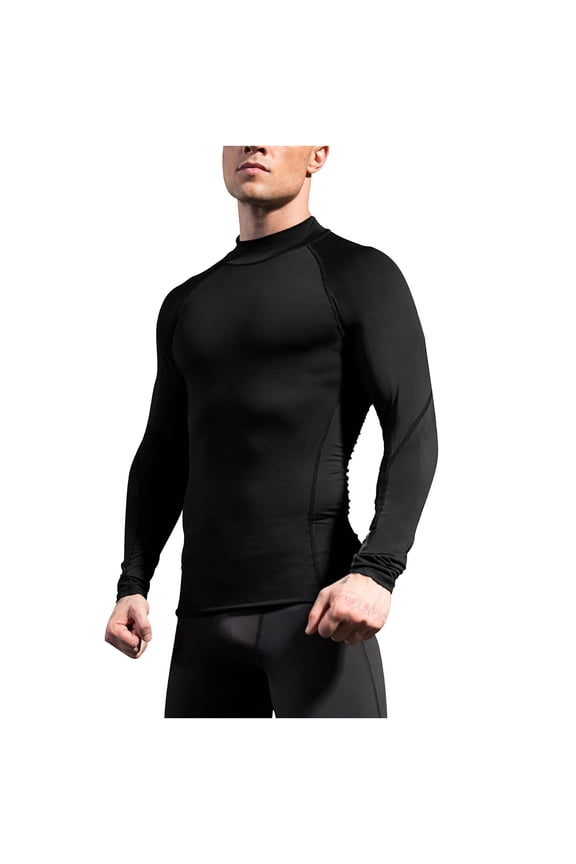 Men's Long Sleeve Compression Shirts, Mock Neck Athletic Workout T Shirt, Rash Guard Base Layer Undershirt Tops Black L